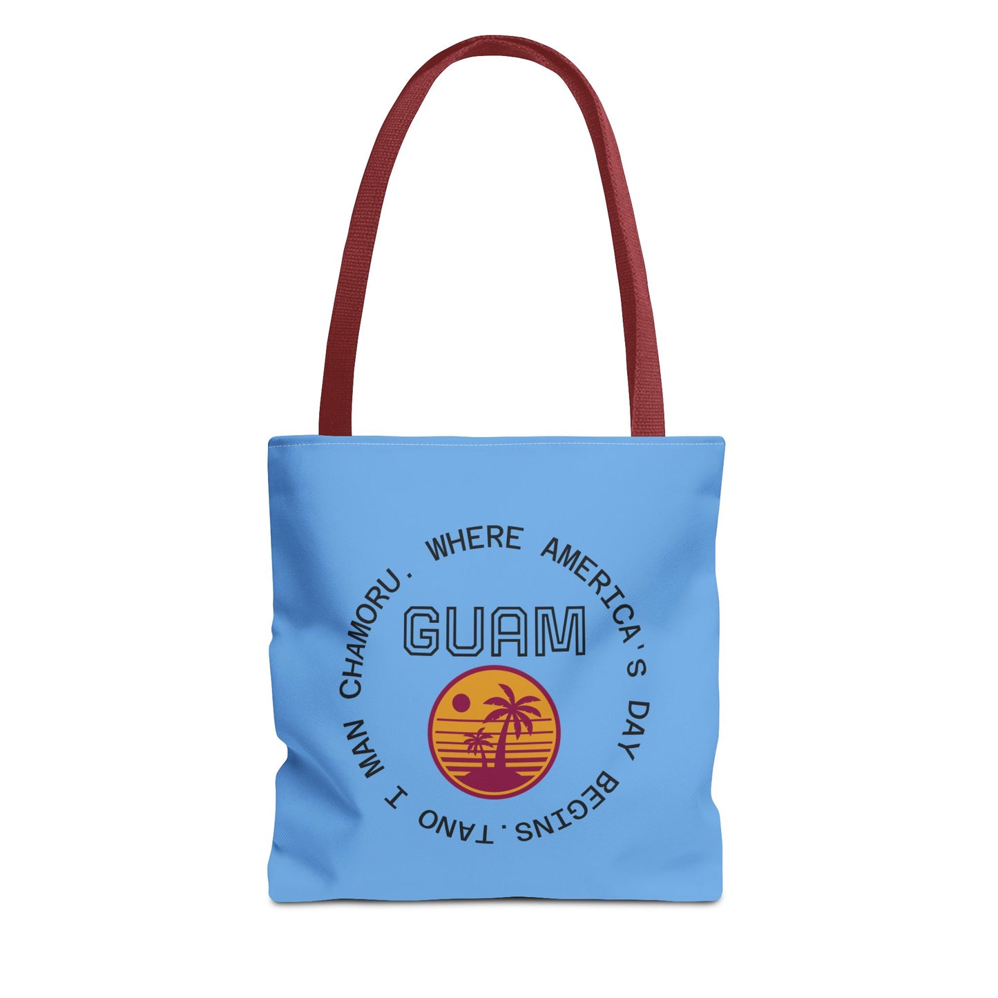 Guam Retro Sunset Tote Bag — Vacation Beach AOP Tote with 'Where America's Day Begins' Design
