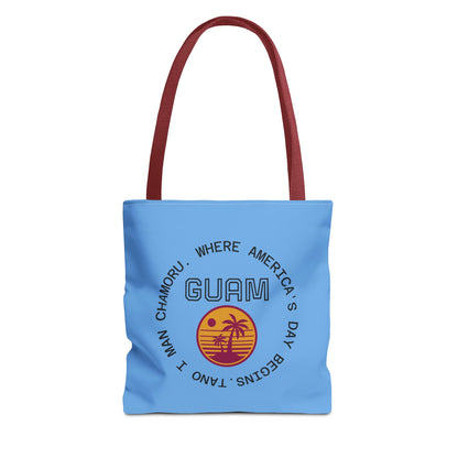 Guam Retro Sunset Tote Bag — Vacation Beach AOP Tote with 'Where America's Day Begins' Design