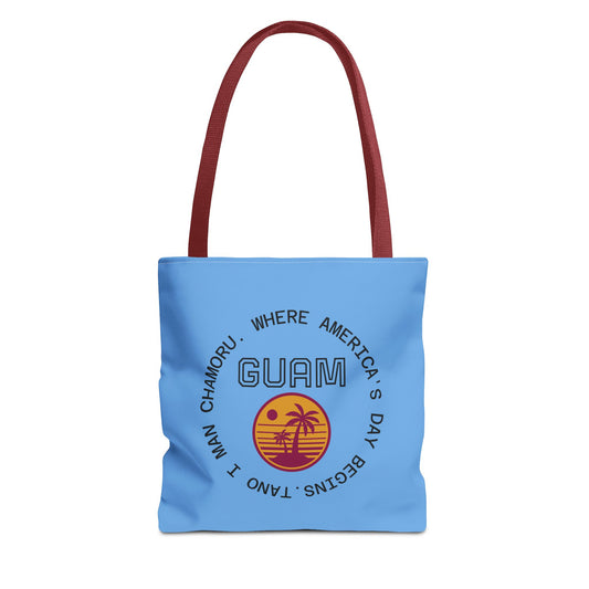 Guam Retro Sunset Tote Bag — Vacation Beach AOP Tote with 'Where America's Day Begins' Design