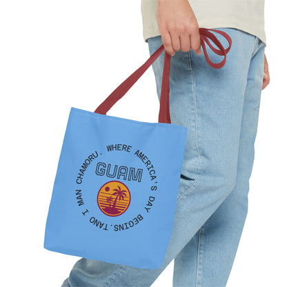 Guam Retro Sunset Tote Bag — Vacation Beach AOP Tote with 'Where America's Day Begins' Design