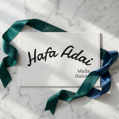Outdoor Rug — "Hafa Adai" Welcome Mat (Chic Coastal Guam Greeting, Maila Halom Text)