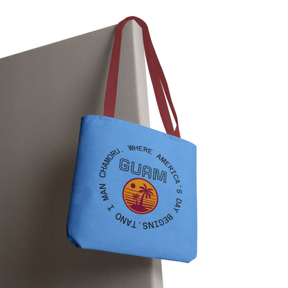 Guam Retro Sunset Tote Bag — Vacation Beach AOP Tote with 'Where America's Day Begins' Design