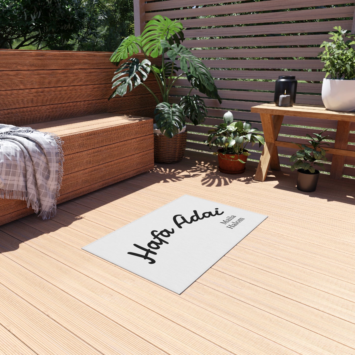 Outdoor Rug — "Hafa Adai" Welcome Mat (Chic Coastal Guam Greeting, Maila Halom Text)