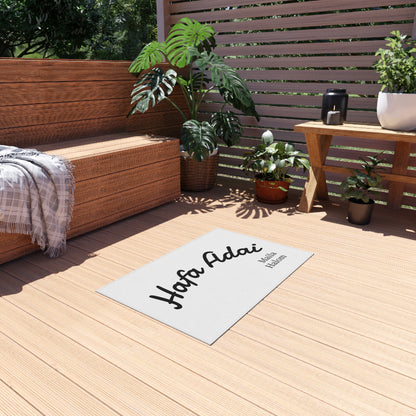 Outdoor Rug — "Hafa Adai" Welcome Mat (Chic Coastal Guam Greeting, Maila Halom Text)