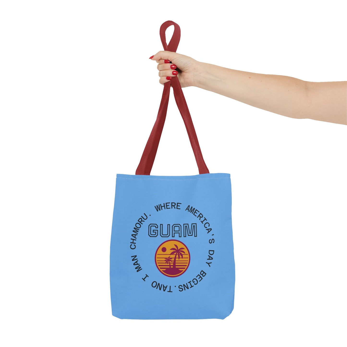 Guam Retro Sunset Tote Bag — Vacation Beach AOP Tote with 'Where America's Day Begins' Design